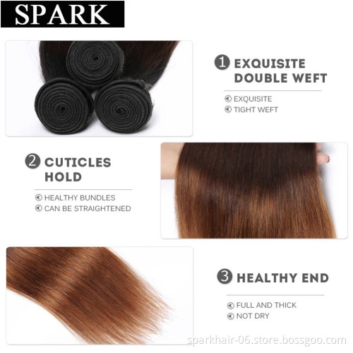 SPARK 1B/4/30 Ombre Brazilian Hair Straight Bundles with Closure Black to Dark Brown Silky Straight Virgin Human Hair